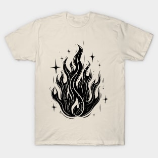 Campfire flame with sparks and stars in grunge style, linocut T-Shirt